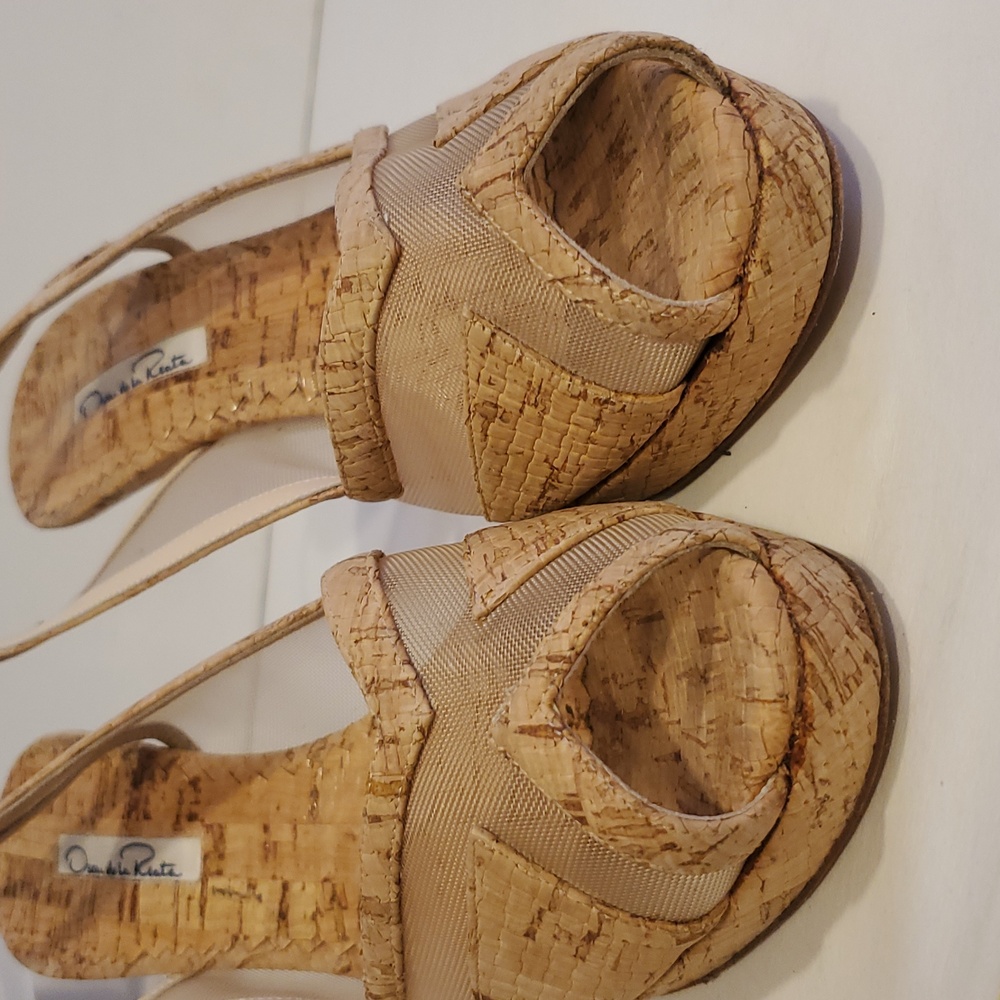 Oscar de la Renta Cork Mesh Slingback Peeptoe Heels Size 9 - Picture 5 of 12